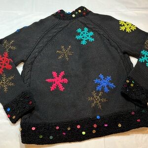 Snowflakes BLACK cable knit WINTER sweater SNAP UP colorful Embroidery women’s S